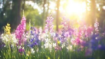 Obraz premium Beautiful Spring Meadow Landscape Featuring Colorful Delphiniums in Radiant Sunlight Atmosphere