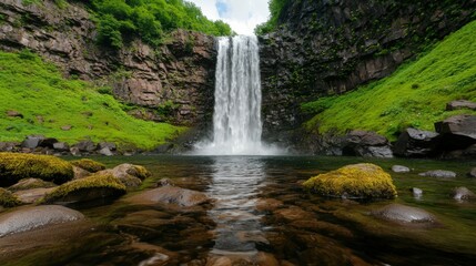 Mindfulness and meditation method Mindfulness and meditation method, A stunning waterfall cascades into a serene pool, surrounded by lush greenery and rocky terrain under a bright blue sky.