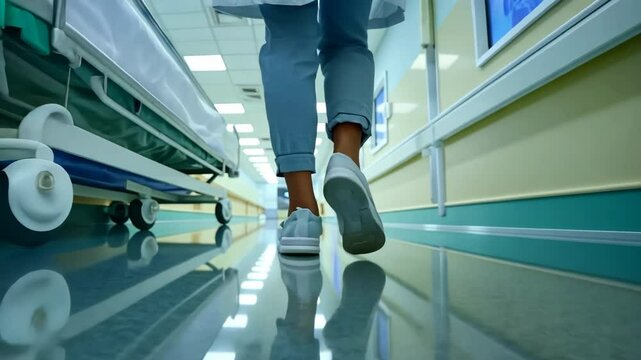 Doctor walks along the corridor of the clinic. Hospital background. Medical healthcare concept. Med office. Nurse rushes to help a patient. Ground level view. Legs close up.