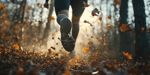 Autumn Run: Runner's Feet Amongst Falling Leaves in a Forest
