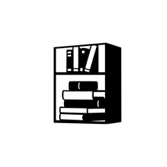 Minimalist black and white illustration of a bookshelf filled with books, set against a plain white backdrop.
