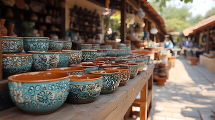 Colorful handcrafted pottery displayed on wooden tables in a vibrant artisan market