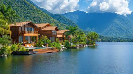 Fototapeta premium Luxury vacation resort with beautiful villas and stunning mountain views at Lake Dunker in the Caribbean style, a panoramic shot of the hotel near the lake with villa houses, wooden house buildings