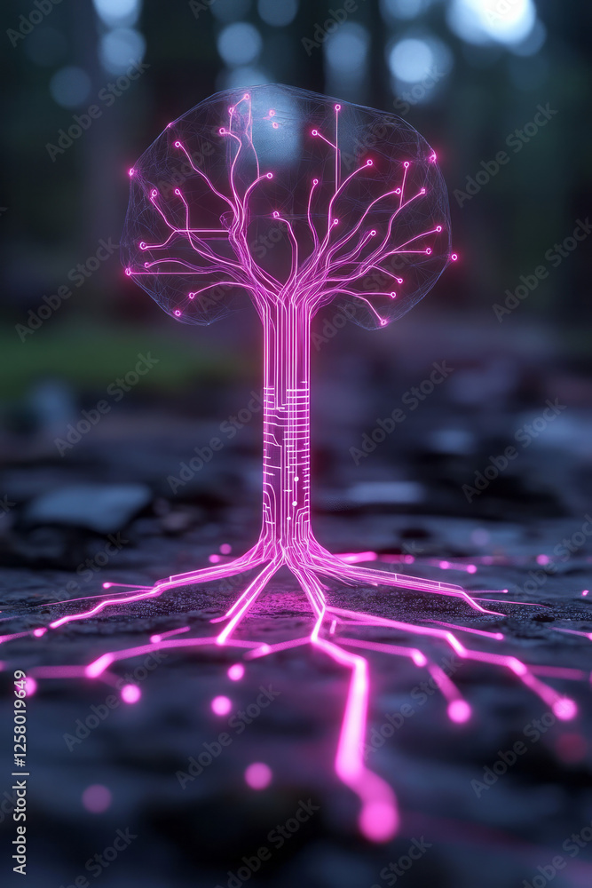 Poster a sleek, high-tech tree form with neon-lit roots branching into circuit paths, merging natural