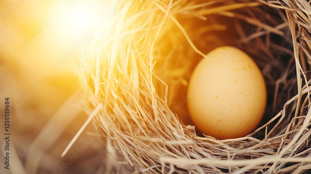 Poster bird's nest with a single egg in gentle sunlight casting warm glow on woven straw structure