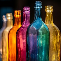Vibrant and colorful bottles arranged creatively, reflecting light and creating a stunning visual effect. Ideal for artistic compositions.

