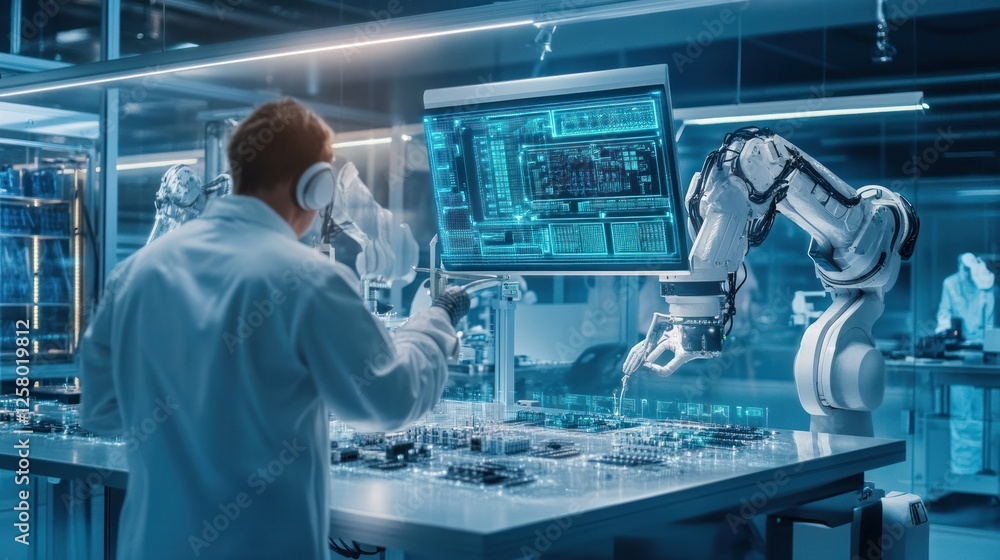 Poster high-tech laboratories filled with ai-powered machines, robotic arms that assemble microchips, backg