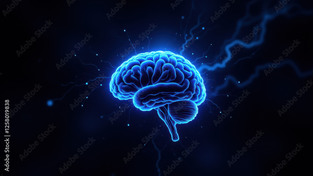 Poster an artistic representation of artificial intelligence with a human-like brain surrounded by electrif