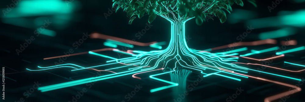 Poster a luminous tree silhouette where the roots transform into intricate circuit traces on a glowing