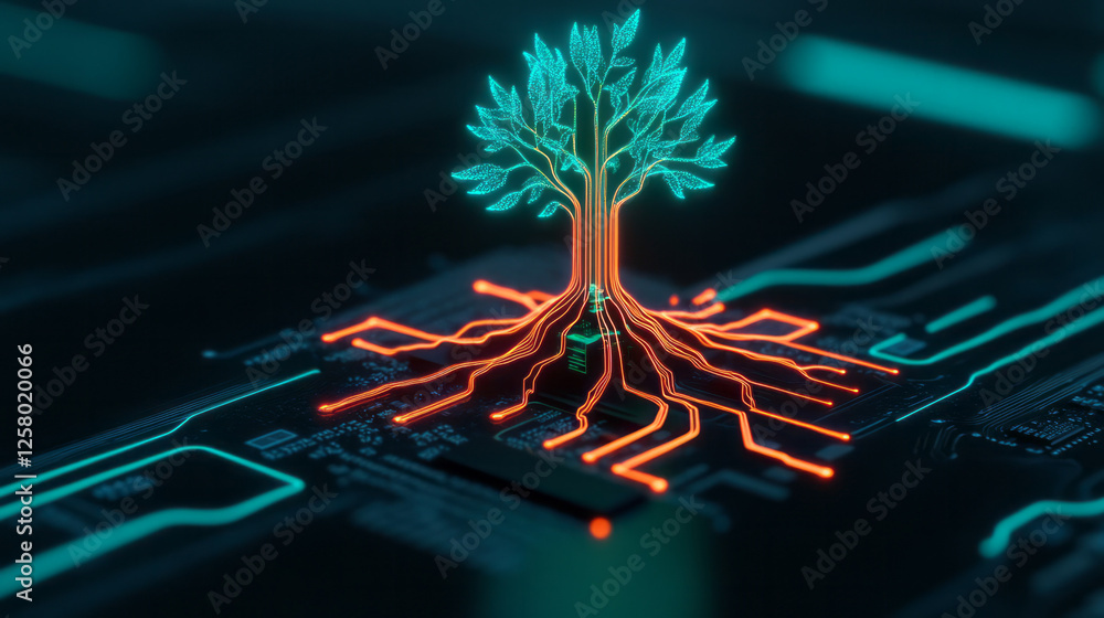 Poster a glowing electronic tree trunk whose roots interlace with a complex motherboard, symbolizing