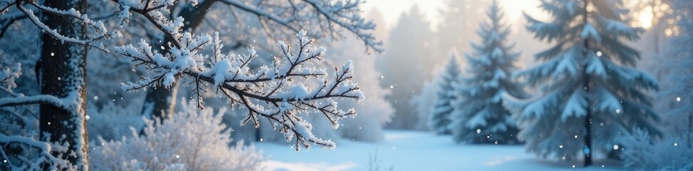 Fototapeta premium Snowflakes gently fall around the frosty tree branches, frosty morning landscape, stillness
