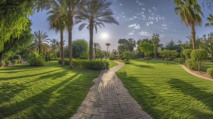 Obraz premium Serene Palm Tree Park Landscape Sunlit Pathway Lush Greenery and Vibrant Grass
