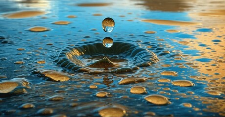 Raindrop hitting a puddle, creating ripples, symbolizing kindness spreading in waves, captured in bright, colorful light, evoking a sense of compassion and gentle beauty