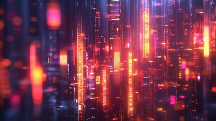 Obraz premium Creative glowing big data forex candlestick chart on blurry city background. Trade, technology, investment and analysis concept. Double exposure