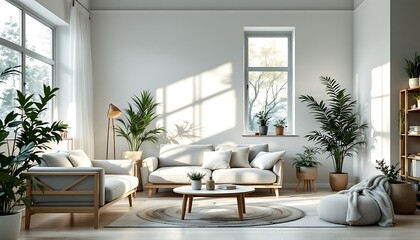 Fototapeta premium Sunny living room, minimalist design, plants, natural light, home decor, interior design
