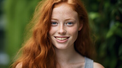 Naklejka premium Portrait of a Young Woman with Long Red Hair and Freckles Smiling Outdoors