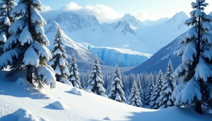 Fototapeta premium Snowy firn with a glacier in the background and trees, snow, winter