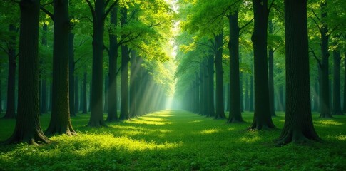 Towering straight trees form a canopy above a peaceful woodland floor, forest, straight trees, green