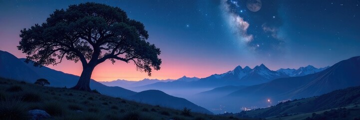 Towering tree against a stunning Milky Way and moonlit mountains, atmospheric, moonlight, landscape