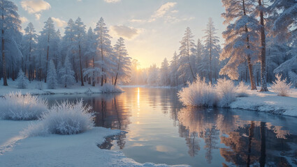 Fototapeta premium Scenic winter landscape with a partially frozen river reflecting the warm glow of a golden sunset surrounded by snow-covered trees creating a serene seasonal atmosphere