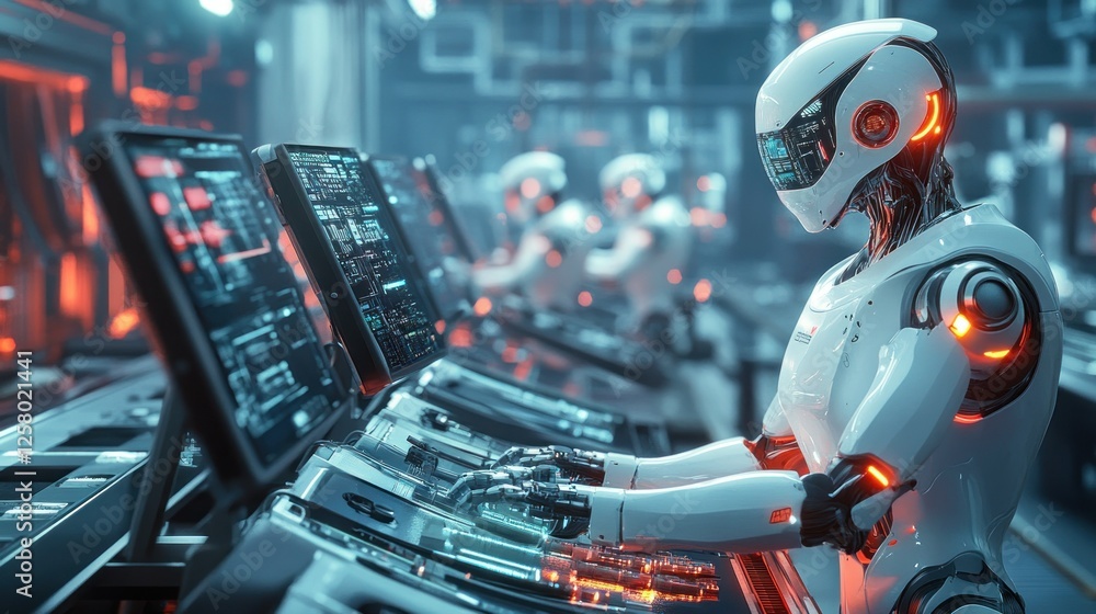 Aufkleber hyper-modern factory with robot workers assembling futuristic gadgets, ai-controlled conveyor belts,