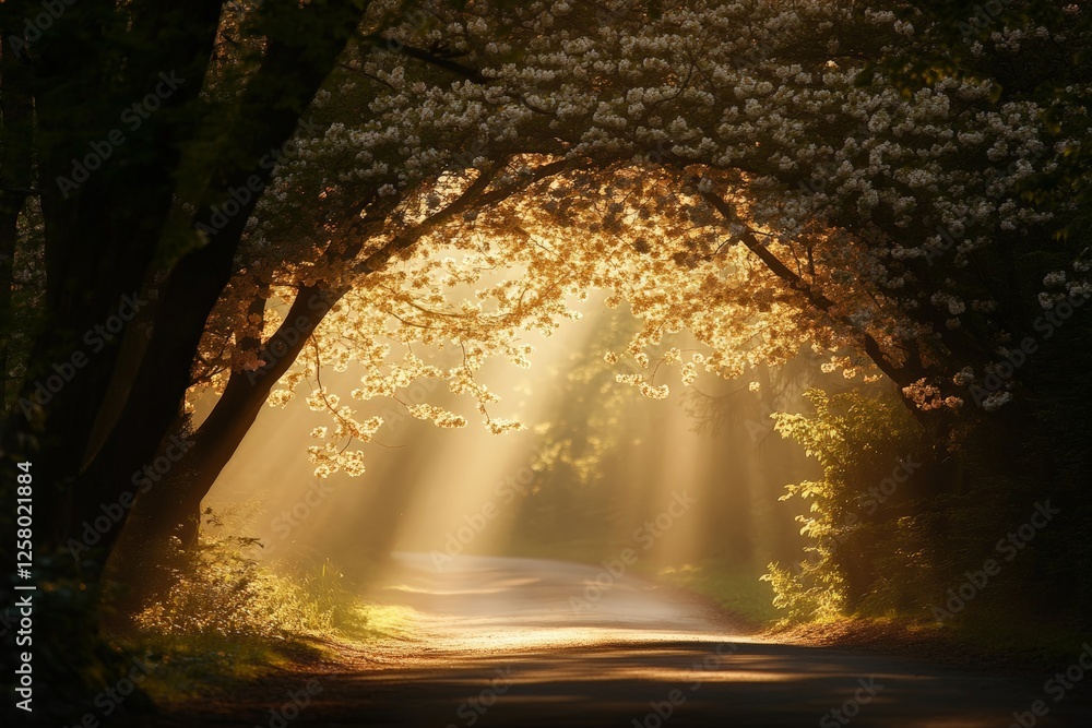 Poster sunlight filters through blooming trees along a serene path in a tranquil forest during golden hour