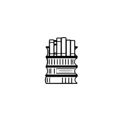 Black and white minimalist illustration of a library or bookshelf with a stack of books.