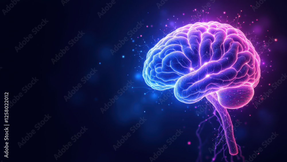 Poster futuristic 3d rendering of a human brain set against an abstract cosmic backdrop.
