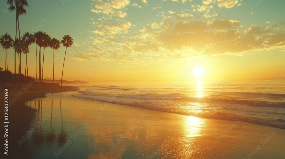 Poster sunset over calm ocean with palm trees reflecting golden hues on the beach in a serene coastal locat