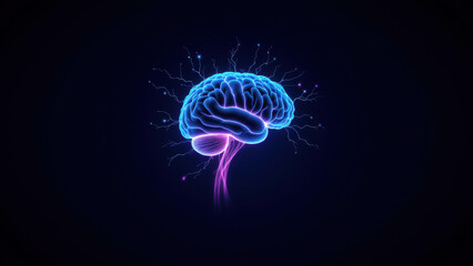 Fototapeta premium Neon-lit human brain floating above futuristic gray background.