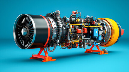 High detail gas turbine engine with cross section display, showcasing components and design