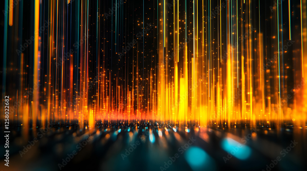 Poster abstract digital data stream visualization golden orange teal lines and sparks