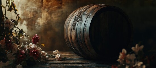 An old wooden barrel on the table, with copy space for a concept, serves as a background banner for advertising wine or beer products.