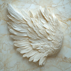 Creations of generative AI showcase intricate feather-like wings against a textured marble background. Generative AI