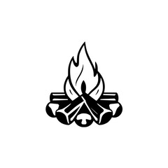 Minimalist black and white campfire icon with logs and flames, for outdoor, camping, wood burning or fire, and other purposes
