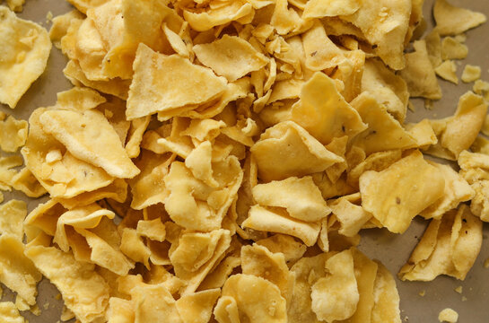 Gujarati Fafda, Crispy Fafda an Indian snack most popular in Gujarat. front top view, indian gujarati traditional tea time snack food gathiya papdi or fafda papdi, which is created with gram flour.