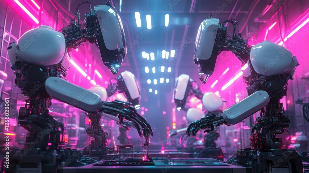 Poster a hyper-modern factory powered by ai, with robotic workers assembling futuristic gadgets background 