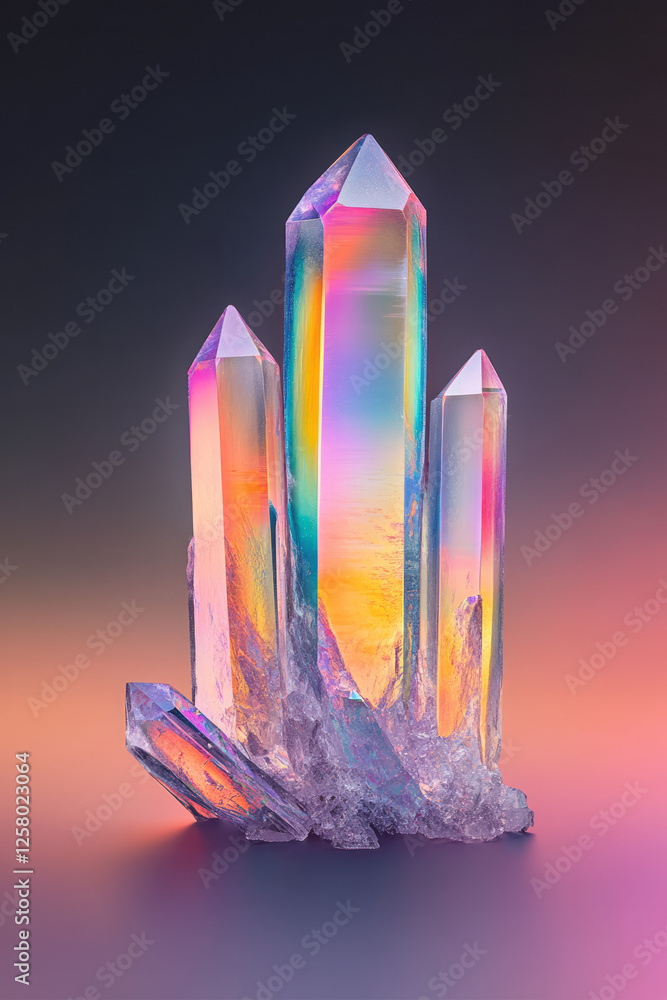 Poster Iridescent crystal shards growing from a reflective surface, their luminescent edges casting a soft