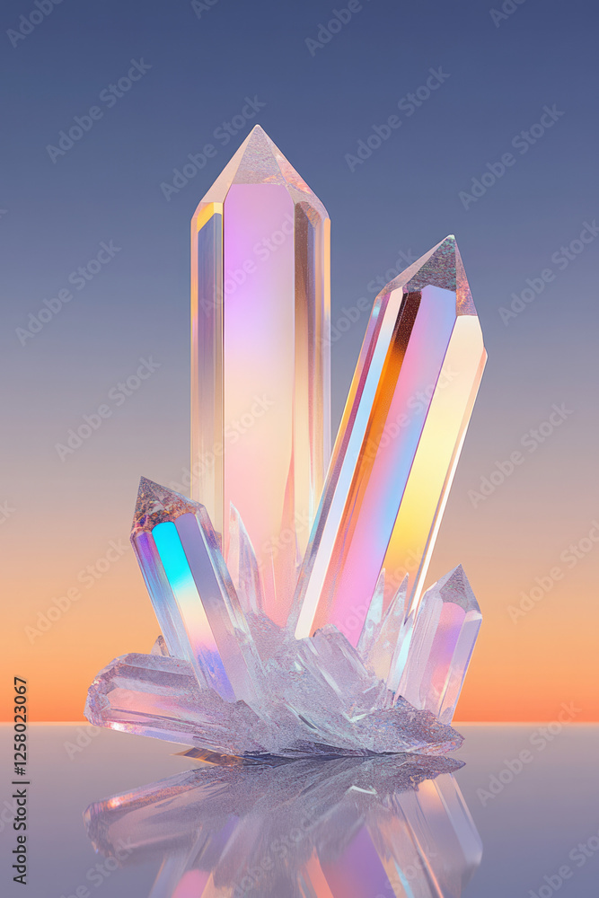 Fototapete iridescent crystal shards growing from a reflective surface, their luminescent edges casting a soft