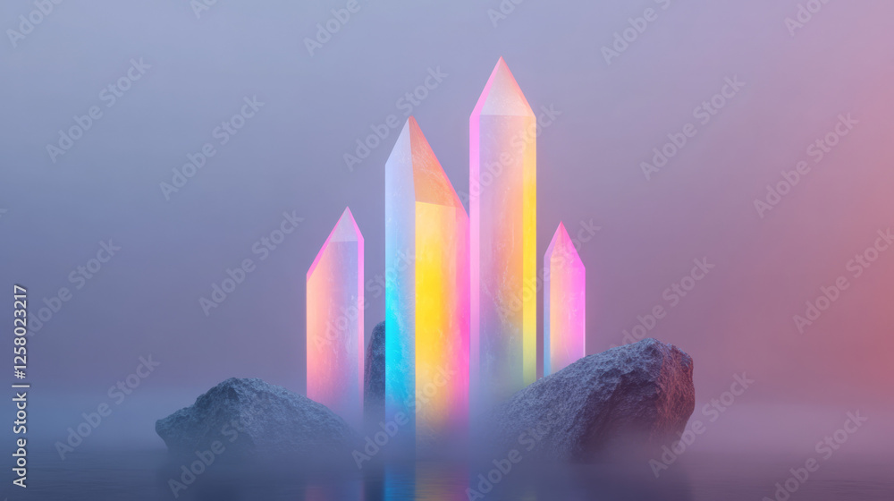 Aufkleber towering crystal spires expanding upwards, illuminated by pulsing neon colors that hint at a