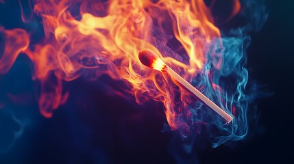 Striking Match Igniting in Colorful Flames with Smoke Background