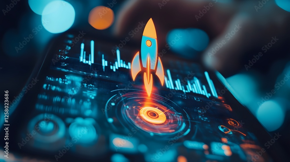 Aufkleber digital rocket launch concept on smartphone with futuristic graphics