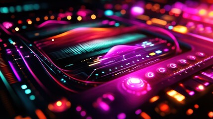 Fototapeta premium High-tech DJ spectrum music interface with vibrant neon rainbow waves, holographic elements background wallpaper AI generated image
