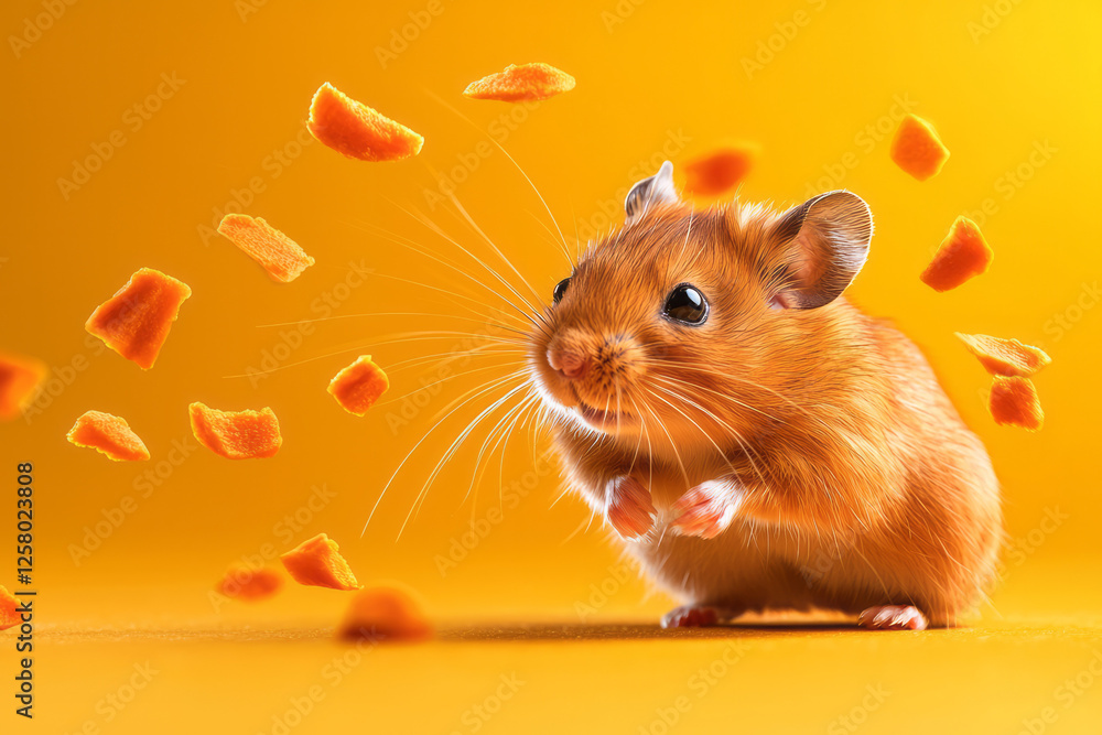 Poster a lively hamster in mid-stride, dashing inside a spinning wheel as tiny carrot chunks float around,
