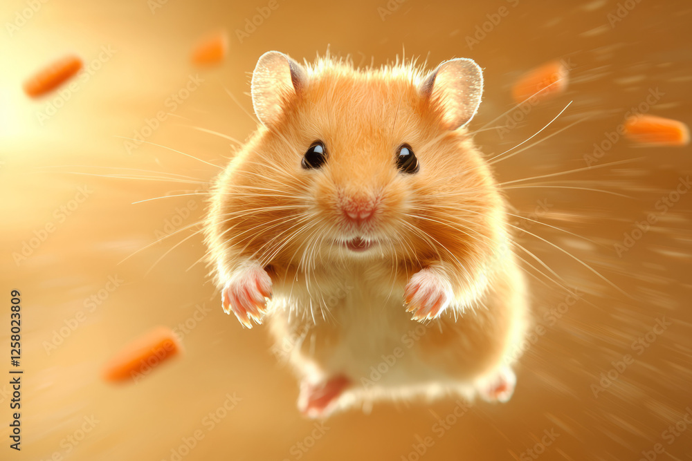 Poster a close-up of a hamsterâ€™s paws in rapid motion on the wheel, complemented by playful floating