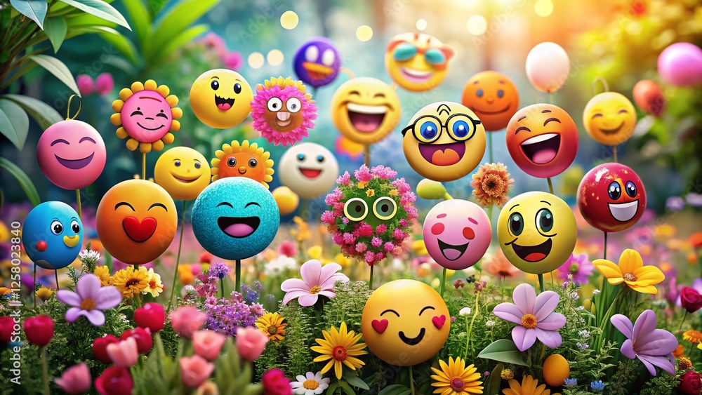 Wall mural Colorful Fashion Emoji Doodle Art with Bokeh Floral Background - Stock Photo