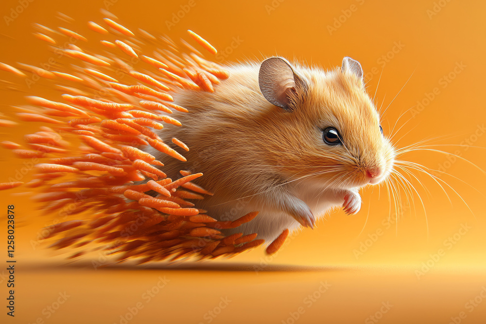 Poster a surreal composition of a hamster powerfully sprinting, carrot bits spinning in concentric paths