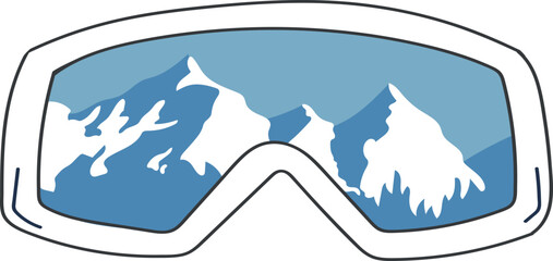Cartoon-style Ski Goggles Reflecting Snowy Mountains