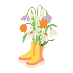 Spring meadow flowers bouquet vector illustration collection. Modern hand drawn tulips, snowdrops, сonvallaria and camomile clip art set for books, stationery, banners and social media