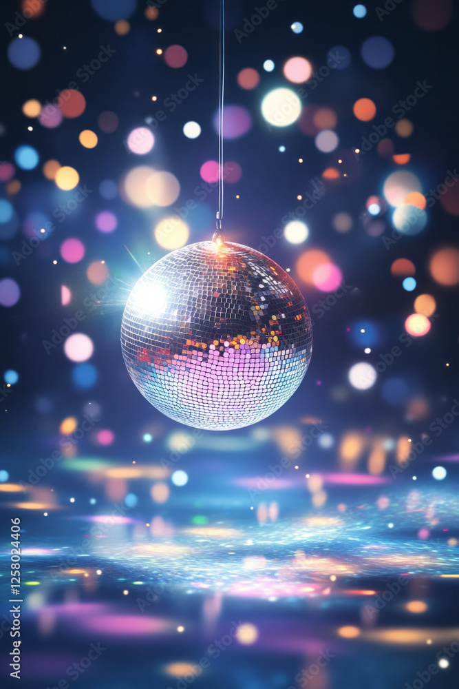 Poster a close-up of a single shimmering disco ball, scattering multicolored light beams in all directions